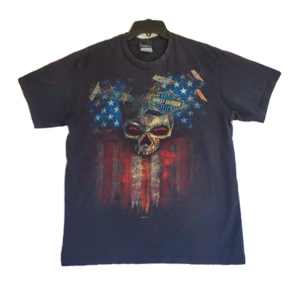 Harley Davidson T-Shirt Mens American Flag Skull Graphic Biker Black Tee Large